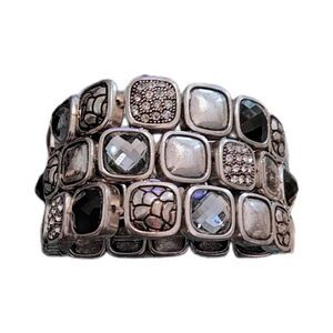 Vintage CHICO'S Silver Faceted Crystal Rhinestone Tile Wide Stretch Bracelet